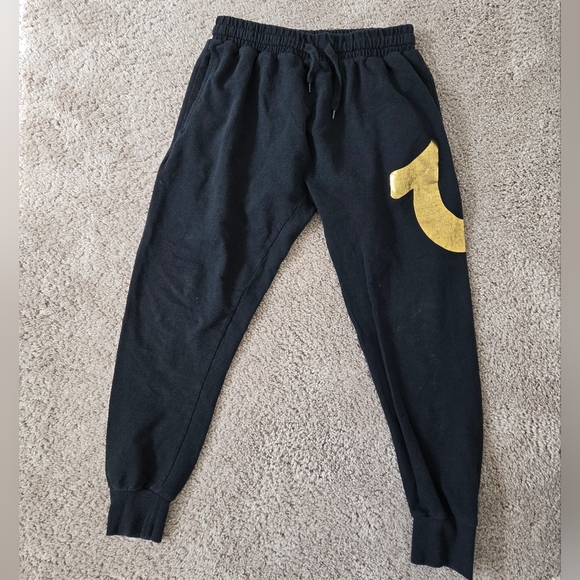 True Religion Gold HORSESHOE Logo Black Cuffed Sweat Jogger Pants size Medium - Picture 8 of 14